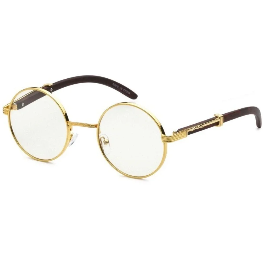 Round Glasses Gold Frame Wood Accent Clear Lens‎ Men's Fashion Hip Hop Festival